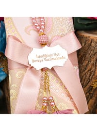 Gift Silk Satin Ottoman Patterned Prayer Rug, Pearl Rosary Tasbih, Plexi Ribbon Decorated Mawlid Set-Pink
