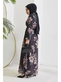 Serena Floral Pattern Pleated Chiffon Modest Dress Black