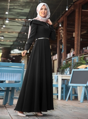 Black - Crew neck - Fully Lined - Cotton - Modest Dress - Nurkombin