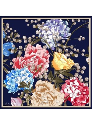 Floral - Red - Navy Blue - 100% Silk Scarf - La Boutique
