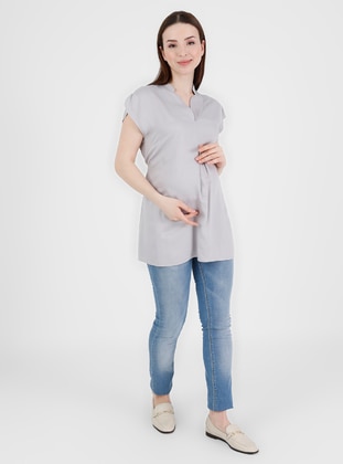 Gray - Crew neck - Maternity Blouses Shirts - Gaiamom