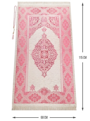Luxury Light Color Ottoman Chenille Prayer Rug With A Rosary Tasbih Gift Fuchsia