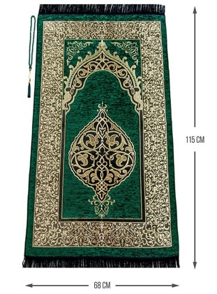 Luxury Chenille Prayer Rug With A Rosary Tasbih Gift Green