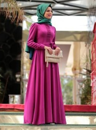 Fuchsia - Crew neck - Cotton - Modest Dress - Nurkombin