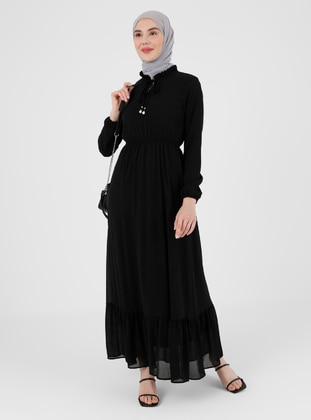 Black - Crew neck - Fully Lined - Cotton - Modest Dress - BÜRÜN