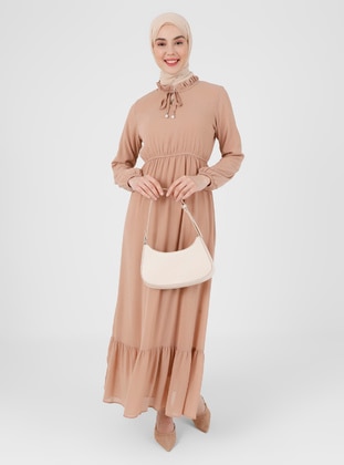 Modest Dress With Elastic Waist Camel