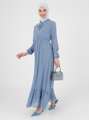 Blue - Crew neck - Fully Lined - Cotton - Modest Dress - BÜRÜN