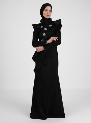 Black - Fully Lined - Crew neck - Modest Evening Dress - Puane
