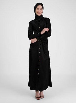 Black - Unlined - Point Collar - Modest Evening Dress - Puane