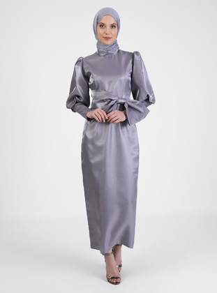 Gray - Fully Lined - Crew neck - Modest Evening Dress - Puane