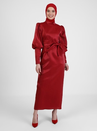 Red - Fully Lined - Crew neck - Modest Evening Dress - Puane