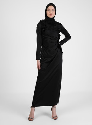Black - Unlined - Crew neck - Modest Evening Dress - Puane