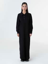 Black - Point Collar - Unlined - Cotton - Modest Dress