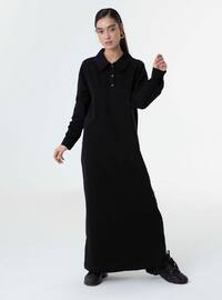 Black - Point Collar - Unlined - Cotton - Modest Dress