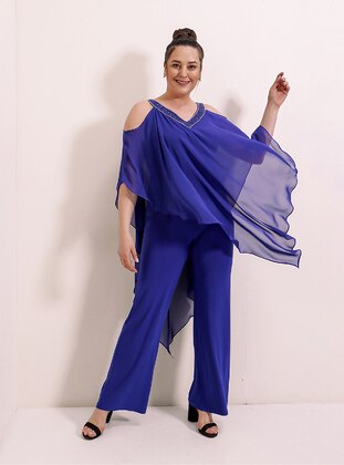 Unlined -  - V neck Collar - Plus Size Evening Jumpsuits - By Saygı