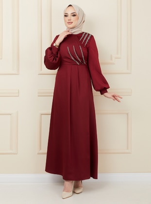 Maroon - Unlined - Crew neck - Modest Evening Dress - Olcay