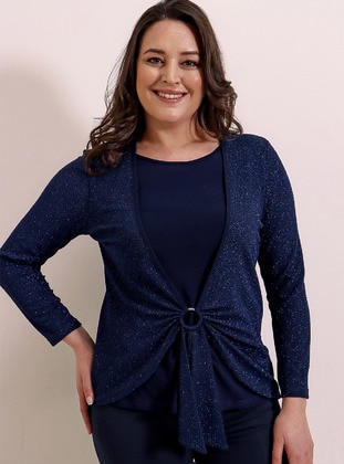 Silvery - Crew neck - Navy Blue - Plus Size Evening Blouses / Shirts - By Saygı