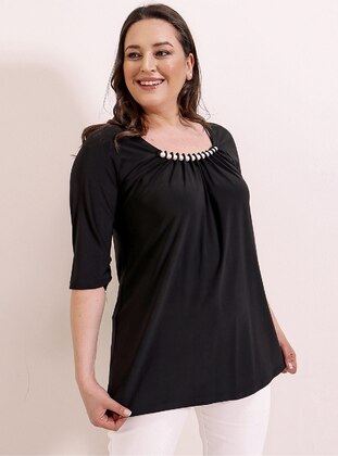 Collar Bead Detailed Pleated Sleeves Elastic Plus Size Lycra Blouse Black