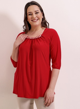 Crew neck - Red - Plus Size Evening Blouses / Shirts - By Saygı