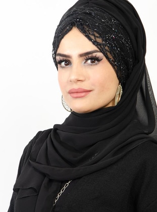 Black Evening Gown Wrap With Ruffles With Diamond Lurex Instant Scarf