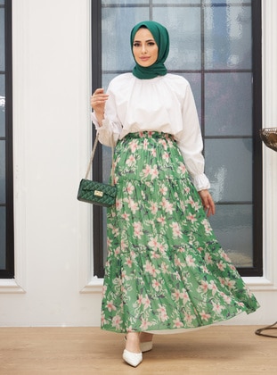 Green - Floral - Fully Lined - Cotton -  - Skirt - Efkeyem