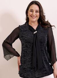 Silvery - V neck Collar - Black - Plus Size Evening Blouses / Shirts