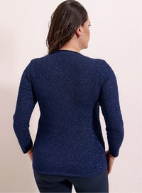 Silvery - Crew neck - Navy Blue - Plus Size Evening Blouses / Shirts