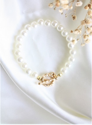 Gold Color Plated Pearl Detailed T-Lock Bijouterie Bracelet