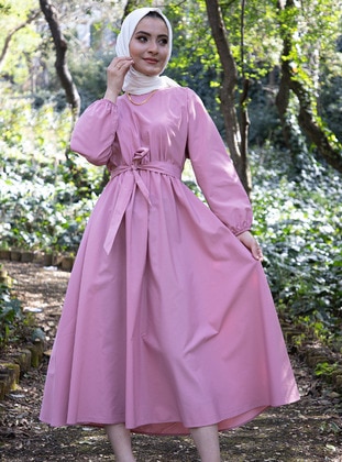 Pink - Crew neck - Unlined - Cotton - Modest Dress - Sevit-Li