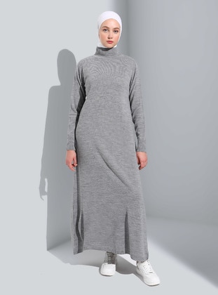 Gray - Unlined - Polo neck - Knit Dresses - Benin