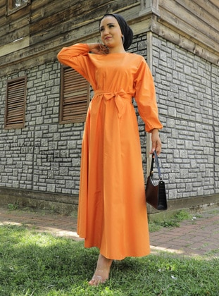 Orange - Orange - Crew neck - Unlined - Cotton - Modest Dress - Sevit-Li