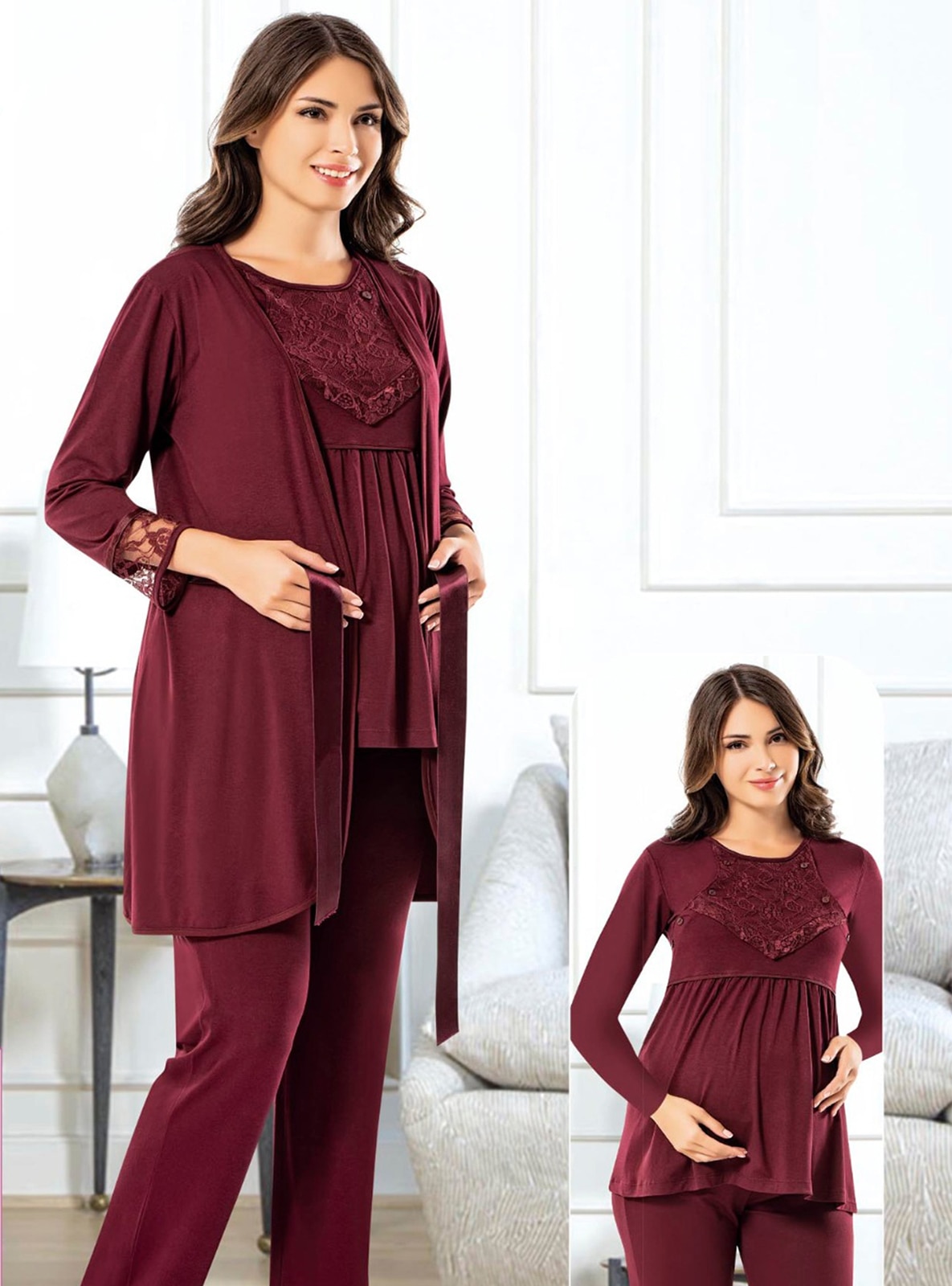 Maternity Pajama Set Long Sleeve Lace And Breastfeeding Detailed 3 Piece Set Burgundy