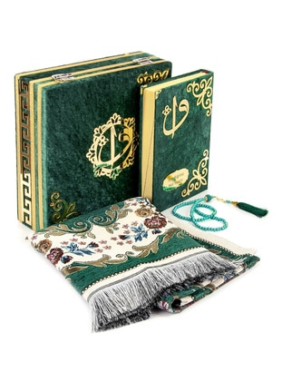 Velvet Covered Gift Prayer Rug Quran Set Green