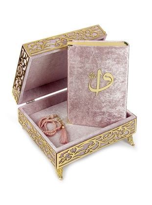 Special Elif Vav Plexi Decorated Gift Velvet Covered Footed Chested Quran Pink