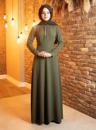 Nervülü Hijab Evening Dress Khaki