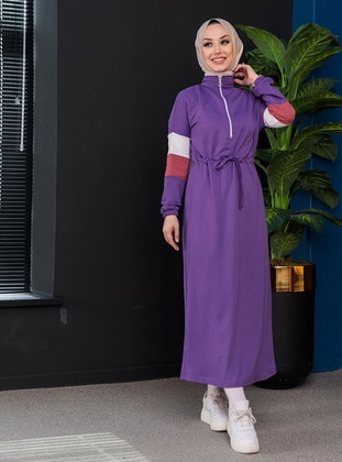 Purple - Crew neck - Unlined - Cotton - Modest Dress - Tofisa