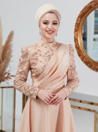 Gold - Fully Lined - Crew neck - Modest Evening Dress