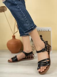 Black - Black - Flat Sandals - Flat Sandals - Sandal - Real Leather - Sandal