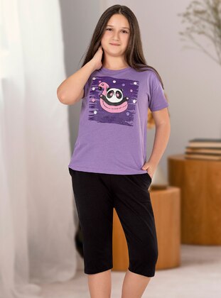 Multi - Crew neck - Unlined - Purple - Cotton - Girls` Pyjamas - Özkan Underwear