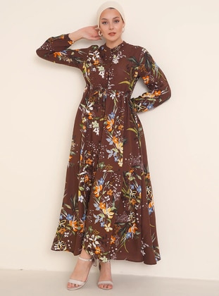 Brown - Floral - Crew neck - Unlined - Viscose - Modest Dress - By Saygı