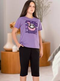 Girl's Waitress Size Cotton Knitted Short Sleeve 3/4 Pajama Set Purple