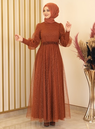 Terra Cotta - Silvery - Fully Lined - Crew neck - Modest Evening Dress - Fashion Showcase Design