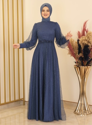 Navy Blue - Silvery - Fully Lined - Crew neck - Modest Evening Dress - Fashion Showcase Design