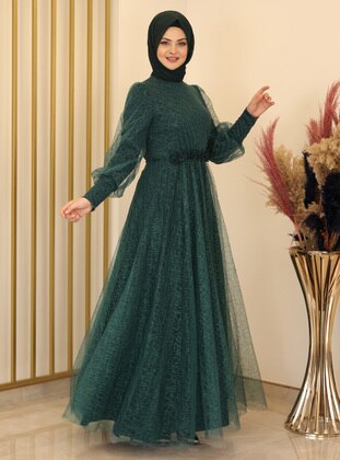 Emerald - Silvery - Fully Lined - Crew neck - Modest Evening Dress - Fashion Showcase Design