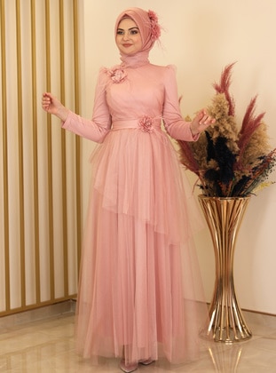 Three Dimensional Flower Detailed Hijab Evening Dress Pink