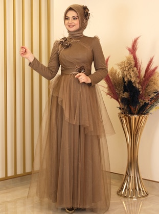 Brown - Fully Lined - Crew neck - Modest Evening Dress - Fashion Showcase Design