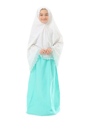 Star Patterned Girl's Prayer Dress Set With Prayer Rug Green
