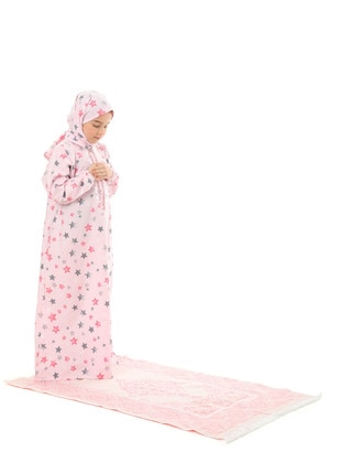 Star Patterned Girl'S Prayer Dress Set With Prayer Rug And Bag - Pink