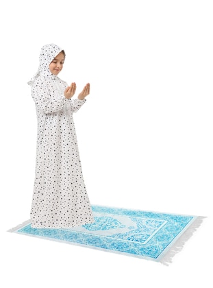 Star Patterned Girl's Prayer Dress Set With Prayer Rug White