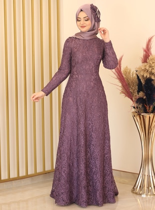 Lilac - Multi - Fully Lined - Crew neck - Modest Evening Dress - Fashion Showcase Design